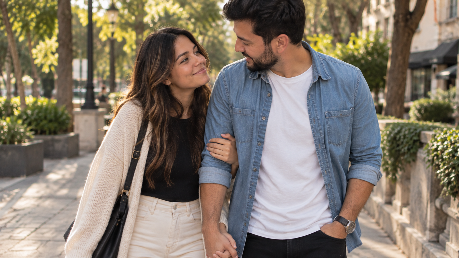 Pareja caminando de la mano y compartiendo un momento cercano